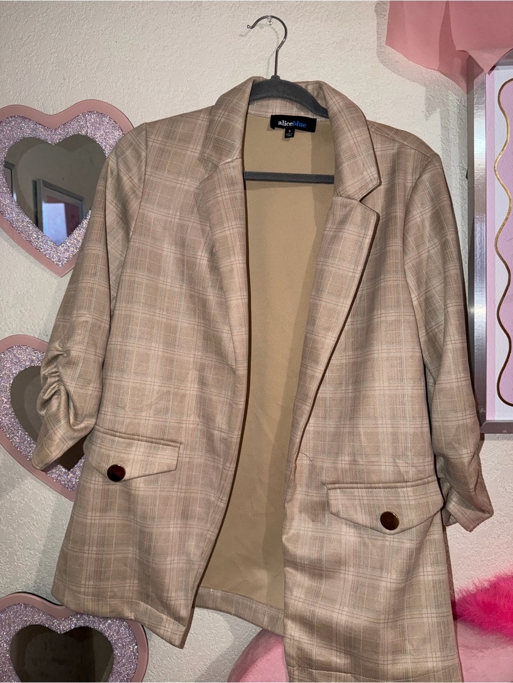 Alice Blue Beige Plaid Blazer Jacket